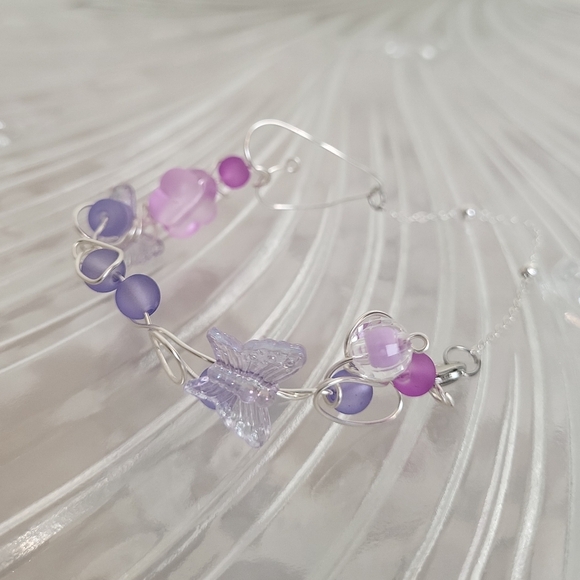 Silver Plated Holographic Butterfly Frosted Glass Wire Ball Chain Bracelet - Picture 4 of 14